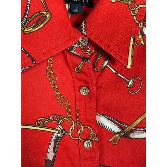 Talbots Red Equestrian Button Up Long Sleeve Top Size 2 Stretch Old Money Preppy - Picture 7 of 9